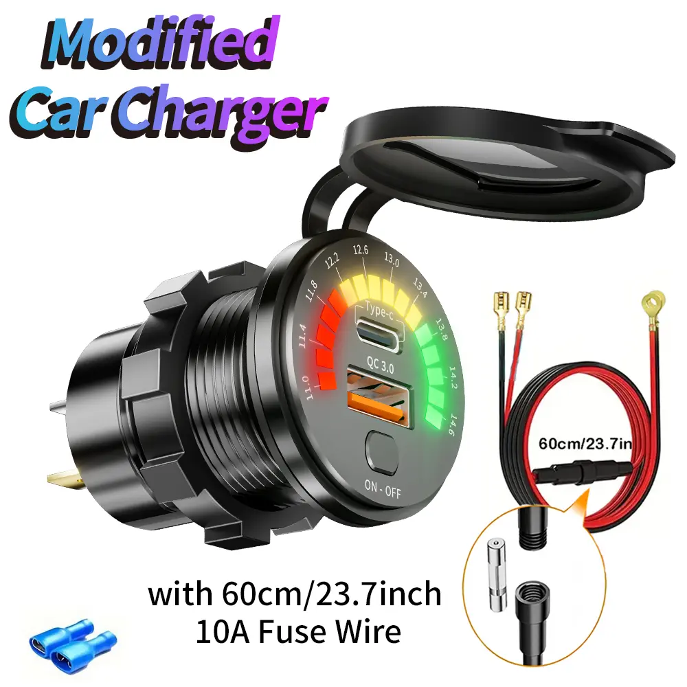 Modified Car Charger with QC3.0 & PD3.0 USB Dual Interface Fast Charging Colorful Voltmeter for Cars Boats Trucks RVs Motorcycles RV Plugs Inlets Receptacles Easy to Carry, Fast Charging Solution