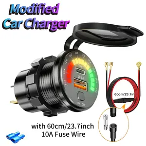 Modified Car Charger with QC3.0 & PD3.0 USB Dual Interface Fast Charging Colorful Voltmeter for Cars Boats Trucks RVs Motorcycles RV Plugs Inlets Receptacles Easy to Carry, Fast Charging Solution