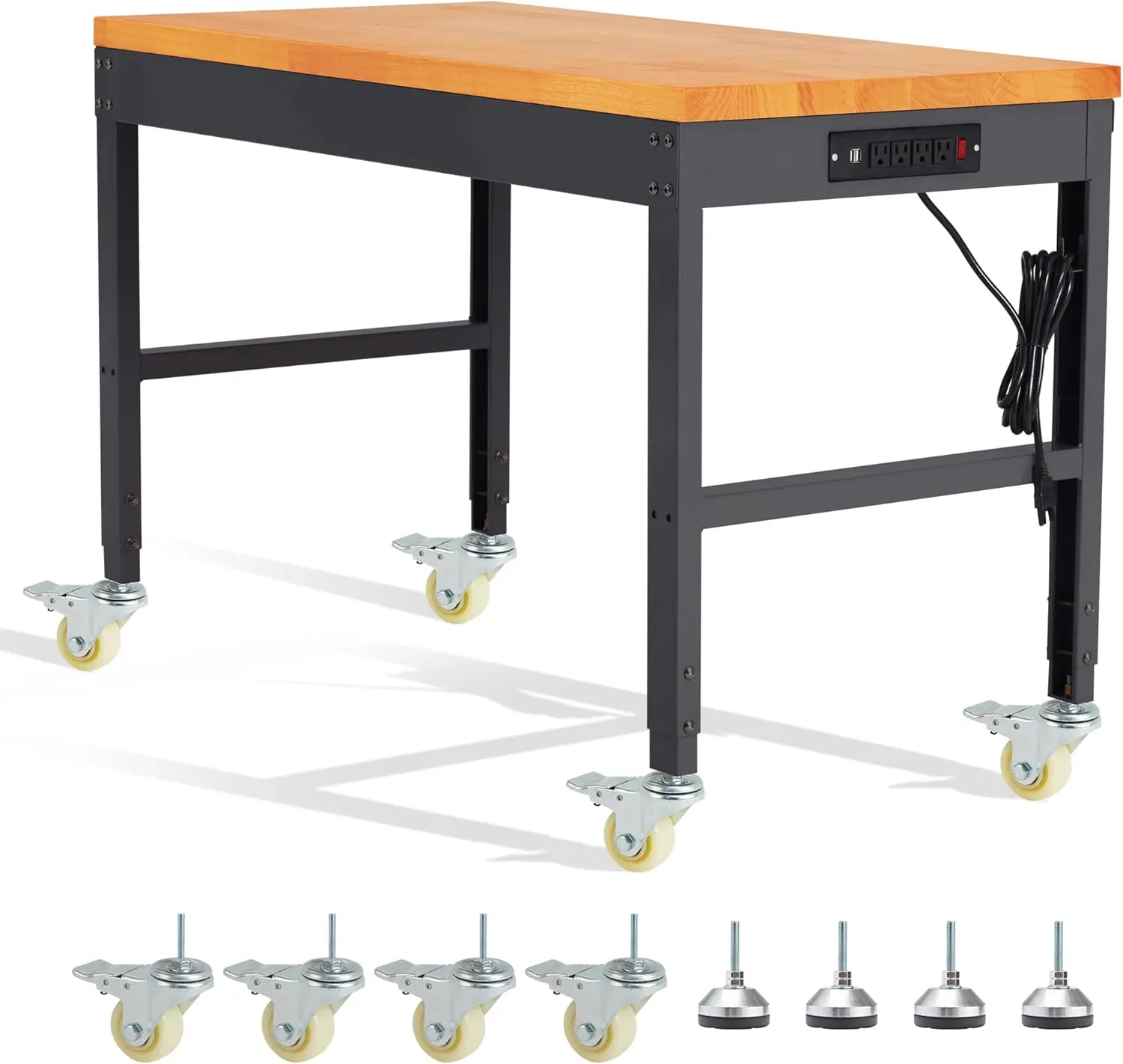 Heavy-Duty Height-Adjustable Solid Wood Workbench with Rolling Wheels, 48"x24" 2000 Lbs Capacity, Multi-Functional Computer Office Desk Rolling Work Station for Garage, Office Modern Wood Desk, Multi Functional Desk homeessentials