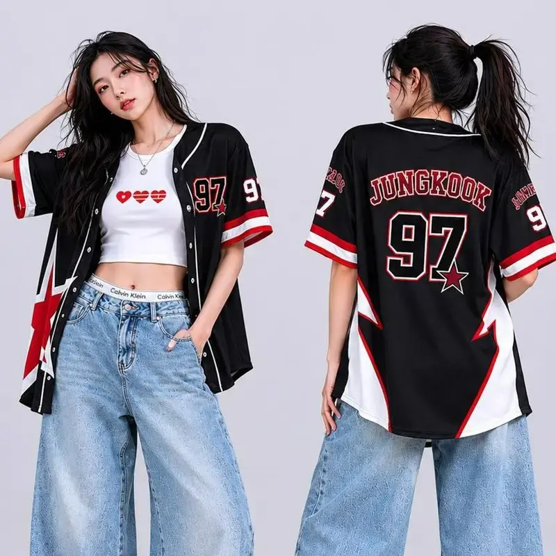 Vintage Oversized Baseball Jersey Shirt for Women Men, Kpop Idol Concert Outfit 97 Graphic Short Sleeve Button Down Streetwear Top