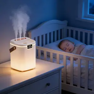 2L Cool Mist Humidifier with 7-Color Night Light, Long Press ON/OFF, 3 Nozzles, 4 Modes, Whisper-Quiet for Baby's Nursery, Master Bedroom, Home Office & Indoor Plants, Leather Handle, Dual Water Inlet, Fine Mist, Auto Shut-Off, USB Powered Humidifier