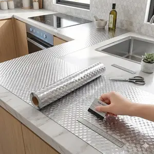 Self-Adhesive Aluminum Foil Peel-and-Stick Wallpaper – Silver Cube Texture, Oil-Proof & Heat-Resistant. Ideal for Kitchen Backsplashes, Cabinets, and Stove Areas. Size: 15.74 x 196.85 in. Easy to Apply and Clean