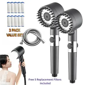 2-Pack Turbo High Pressure Shower Head with 5 Replaceable Filter Cartridges, 3 Spray Modes Handheld Showerhead with One-Button Water Stop, Extra Stainless Steel Hose & Wall Bracket, Soft Water Filter Shower for Hard Water Hair Skin Care Bathroom