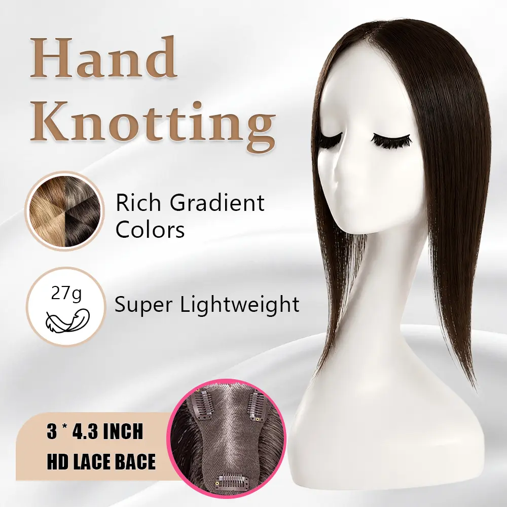 EC 27g Ultra-Light Synthetic Hair Topper - 14in Free Parting, 7.5×11cm Hand-Knotted Breathable Lace Front Base, No-Glue No-Sew, Grey Coverage Instant Volume for Thinning Hair, Classic Style for Casual & Work Wear