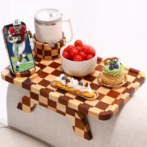 Checkered Rubber Wood Couch Arm Tray, Sofa Armrest Tray with Rotating Cup Holder & Phone Stand, Large Clip-on Sofa Side Table Furniture for Drinks & Remote, 15.36"x9.85", Gift Box desk coffee para mesa snack caddy lap foldable leg bamboo