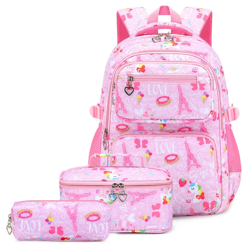 3Pcs Cute Paris Eiffel Tower Unicorn Print Backpack Set for Teen Girls Women, Pink Donut Heart Large Capacity Lightweight Multi-Layer School Backpack with Insulated Lunch Bag and Pencil Pouch, Water Resistant Multi-Pocket Casual Daypack for School Travel