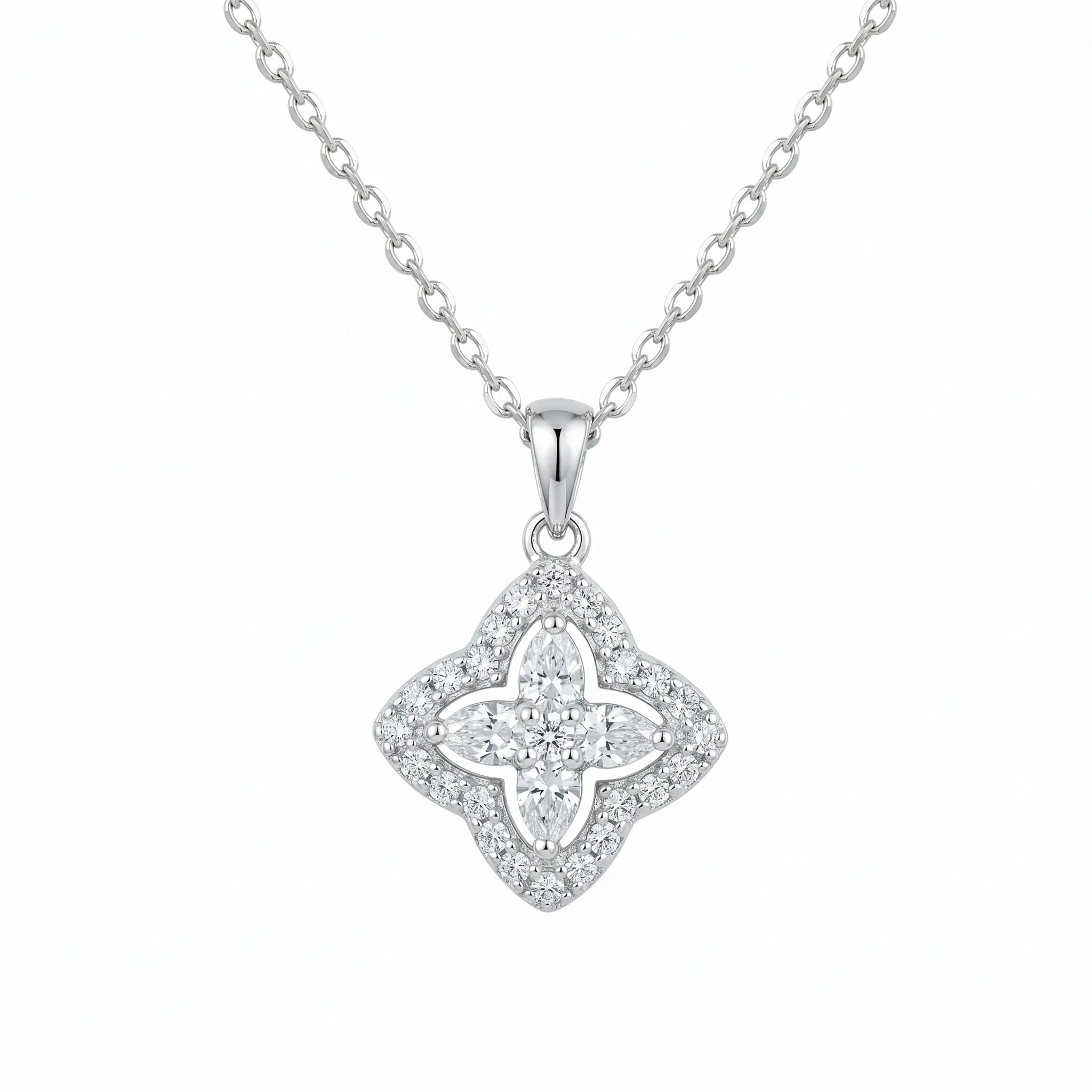S925 Sterling Silver Marquise Cut Flower Halo Pendant Necklace for Women, AAA+ Cubic Zirconia Vintage Floral Clover Cluster Choker, Platinum Plated Hypoallergenic Art Deco Fine Jewelry Gift for Her