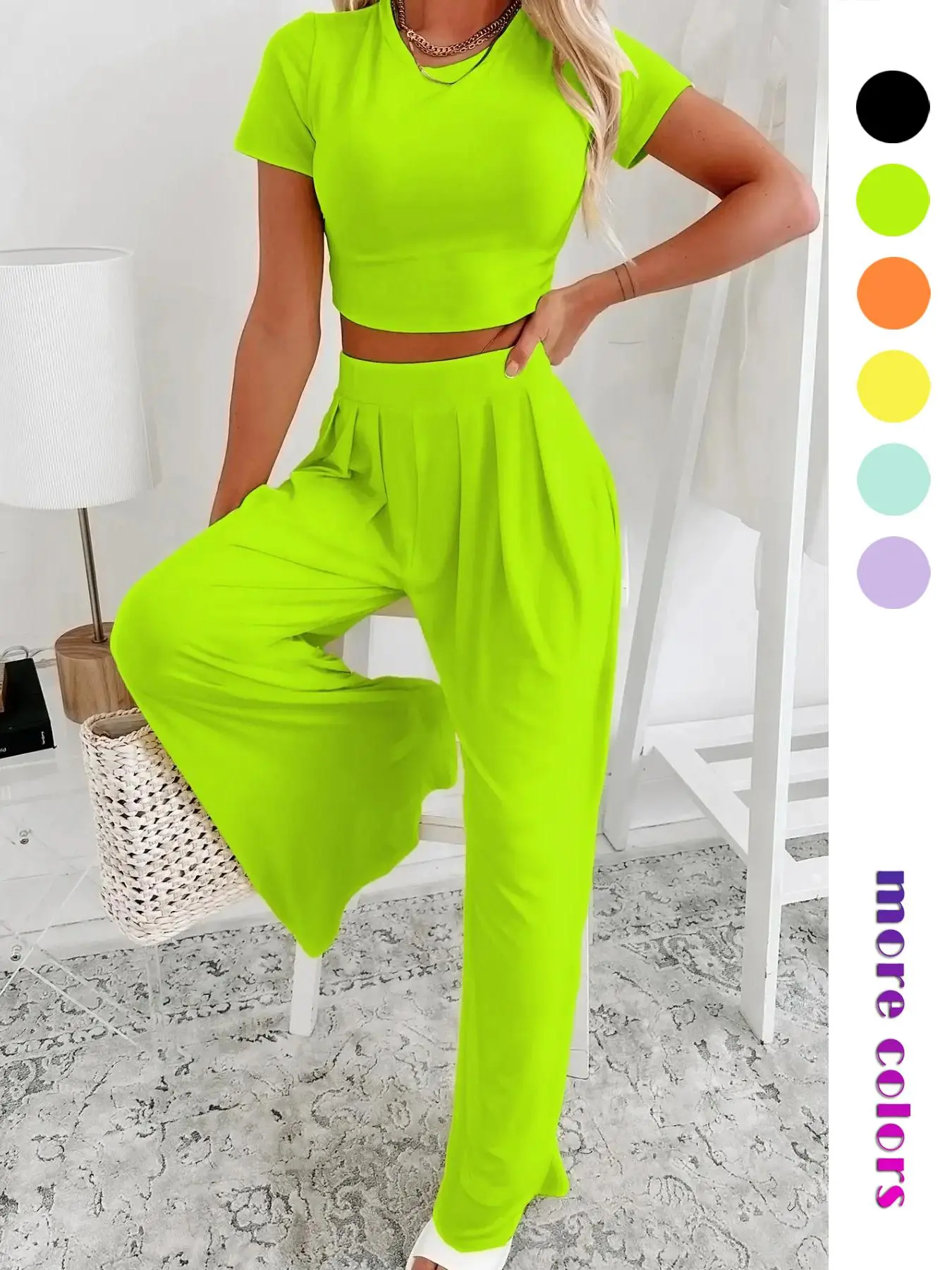 Women's Solid Round Neck Crop Top & High-Waist Wide-Leg Pants Set, Casual Beach Set, Basic Minimalist Short Sleeve Tee & Pleated Trousers for Daily Wear, Ladies Summer Clothes, Casual Everyday Set