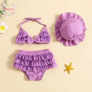 Baby Girl Purple Ruffle Bikini Set with Sun Hat, Halter Neck Bowknot Two Piece Swimsuit, Cute Layered Ruffle Bottom Bathing Suit, Summer Beach Pool Party Outfit for Toddler Infant