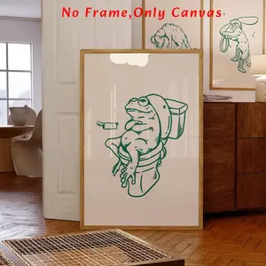 Frog on Toilet Pattern Unframed Painting, Vintage Wall Art, Funny Bathroom Art, Wall Decor for Home Living Room Bedroom Study Room, (Note: Frame shown for display only)