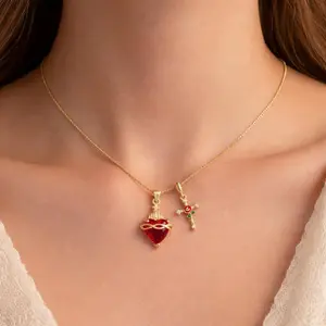 Gold Plated Red Sacred Heart Cross Necklace, Dainty Rose Cross Charm Pendant Necklace for Women Religious Jewelry