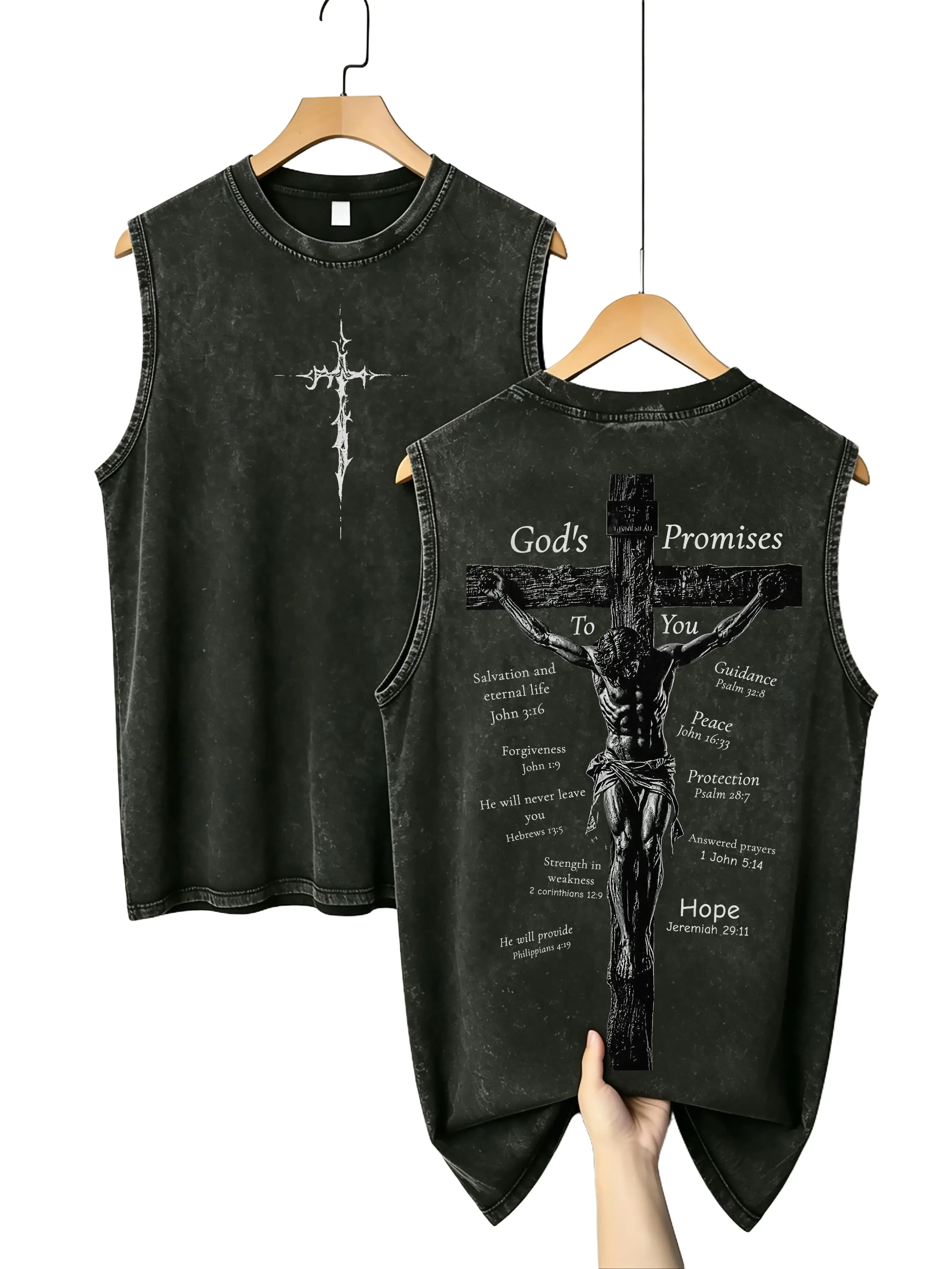 Menswear Men's Christian Oversized Round Neck Sleeveless Tank Top - 210G Heavyweight Cotton, Vintage Acid Wash, Bible Verse Graphic, Patriotic Faith Relaxed Fit Biker Top, Black sohochic