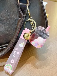 Oil color iceberg milk tea cup keychain couple bag pendant exquisite liquid quicksand key chain ring