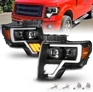 AmeriLite Replacement Headlights Switchback Led, Halogen, Tube Quad Projector Set For 2009-2014 Ford F150 - Passenger and Driver Side, Vehicle Light Assembly, Black LED Tube