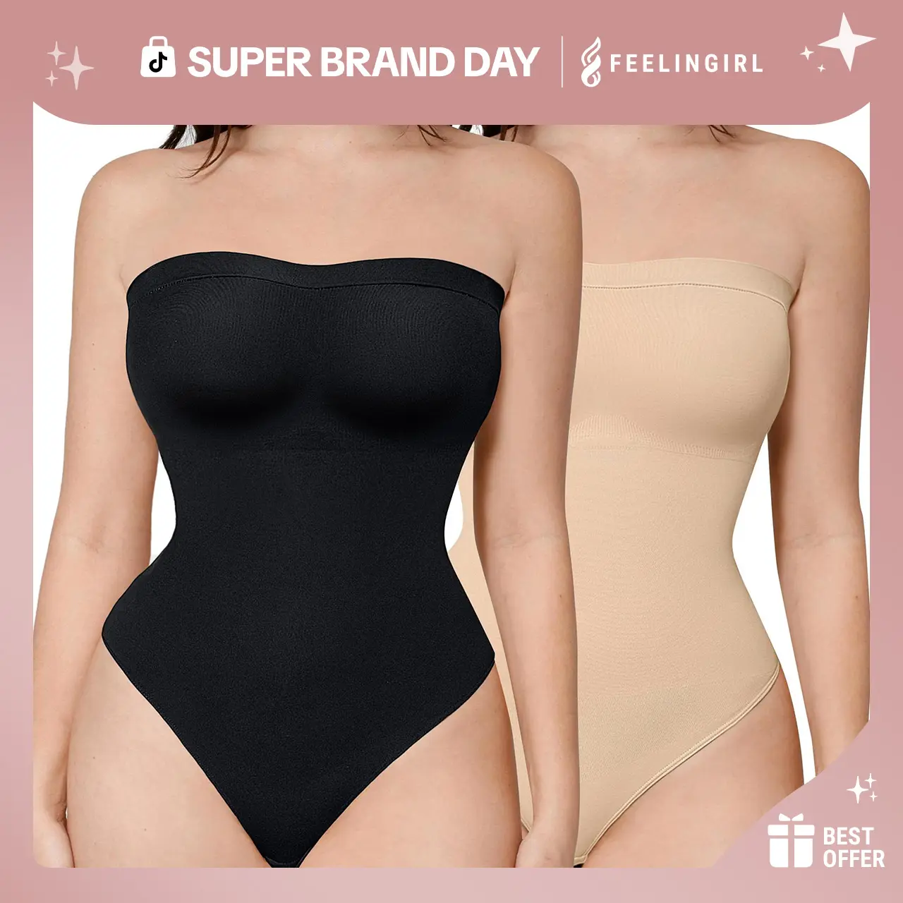 FeelinGirl Strapless Bodysuit for Women Removable Seamless Shaping Thong Tops Fabric Fit Lady Womenswear Underwear Comfort #SummerVibes