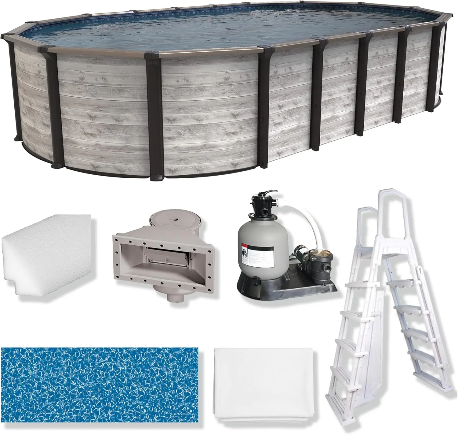 Puri Tech 18'x33'x52 Sunset Bay Steel Frame Above Ground Swimming Pool Package with Full-Print Overlap Liner, Liner Pad, Pool Cove, Skimmer, Filtration System and A-Frame Ladder for Pool Set up