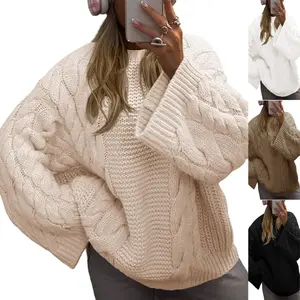 FMEYOA Womens Oversized Cable Knit Sweaters Long Sleeve Crewneck Casual Fall Chunky Pullover Vintage Loose Fit Sweater Tops
