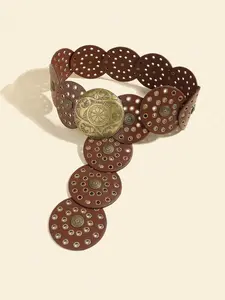 Boho Bohemian Antique Copper Carved Round Buckle Metal Cutout Circular Patch Belt, Vintage Versatile Casual Fashion Waistband, Statement Belts