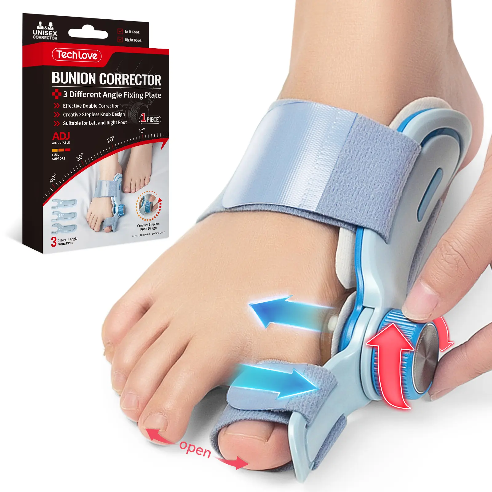 TechLove Bunion Corrector Splint for Women & Men, Adjustable with 3 Support Angles & Correction Knob, Relieves Bunion Pressure, Soft Toe Separator, Anti-Slip Heel Strap, Fits Left/Right Ft, Day-Night Support, Blue, 1PC, Reduces Toe Friction, Keeps Brace S