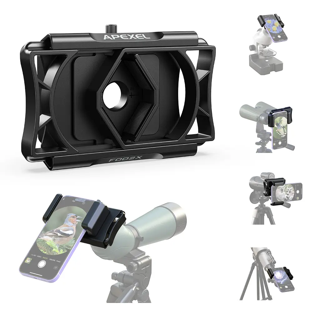APEXEL 360° Telescope Binocular Camera Phone Holder with Bluetooth Remote, Adjustable Mount, 4-Step Installation, Compact Metal-Silicone Clip, Slide Rail, 0.22lb Plastic Portable Accessory for iPhone & Android