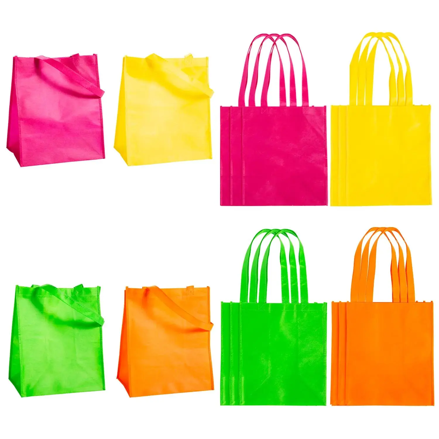 Colorful Tote Bag Set of 12, Lightweight Neon Nonwoven Shopper Bags for Party Favors & Groceries, 12" x 8" x 14", Neon Colors, Vibrant, Unisex, Shopping Basket Bag
