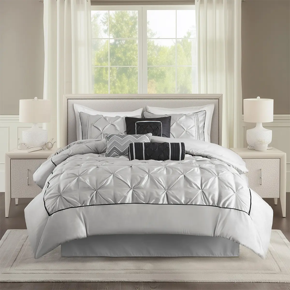 7 Piece Tufted Comforter Set in Deep Navy with Pieced Fabric Design and Hypoallergenic Polyester Filling