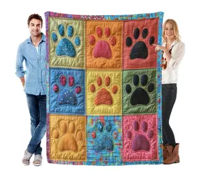 Colorful Paw Print Patchwork-Style Printed Blanket, Lightweight Boho Paw Print Throw Blanket, Cozy Quilt Blanket for Pet Lovers, Home Decor for Bed Sofa Couch Pink Satin Ruffle Bedding Set puffed