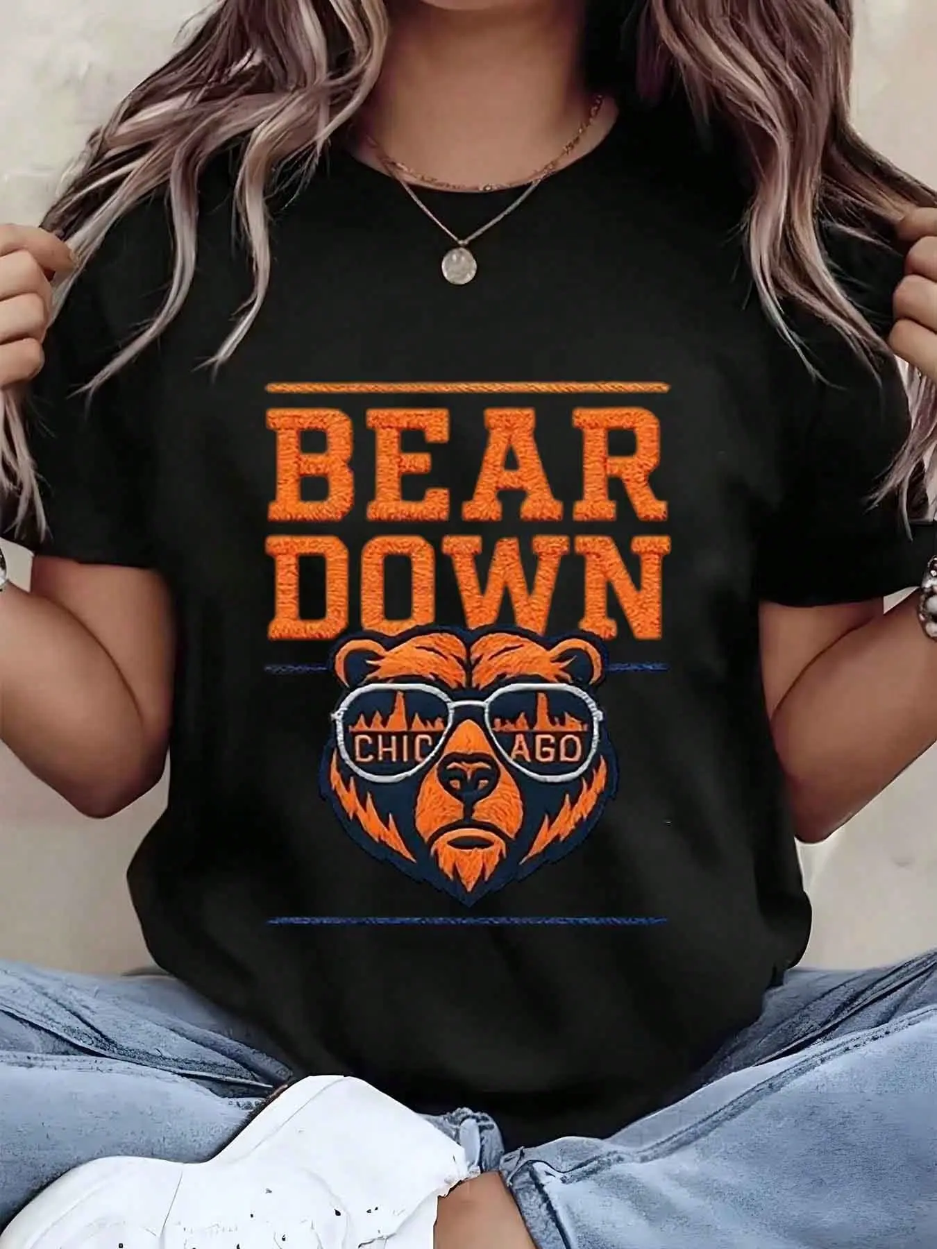Women T Shirt Bear Down Chicago Logo Print Crewneck Casual Summer Tee Gift For Her 220g