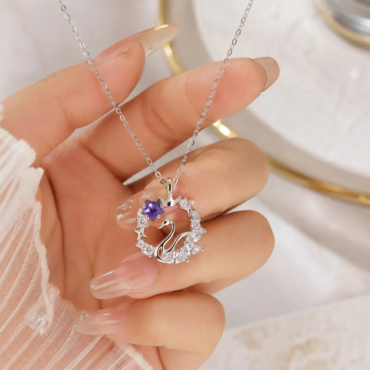 Elegant Swan Pendant Necklace for Women, Genuine 925 Sterling Silver, Purple Accent Stone, Rhodium Plated