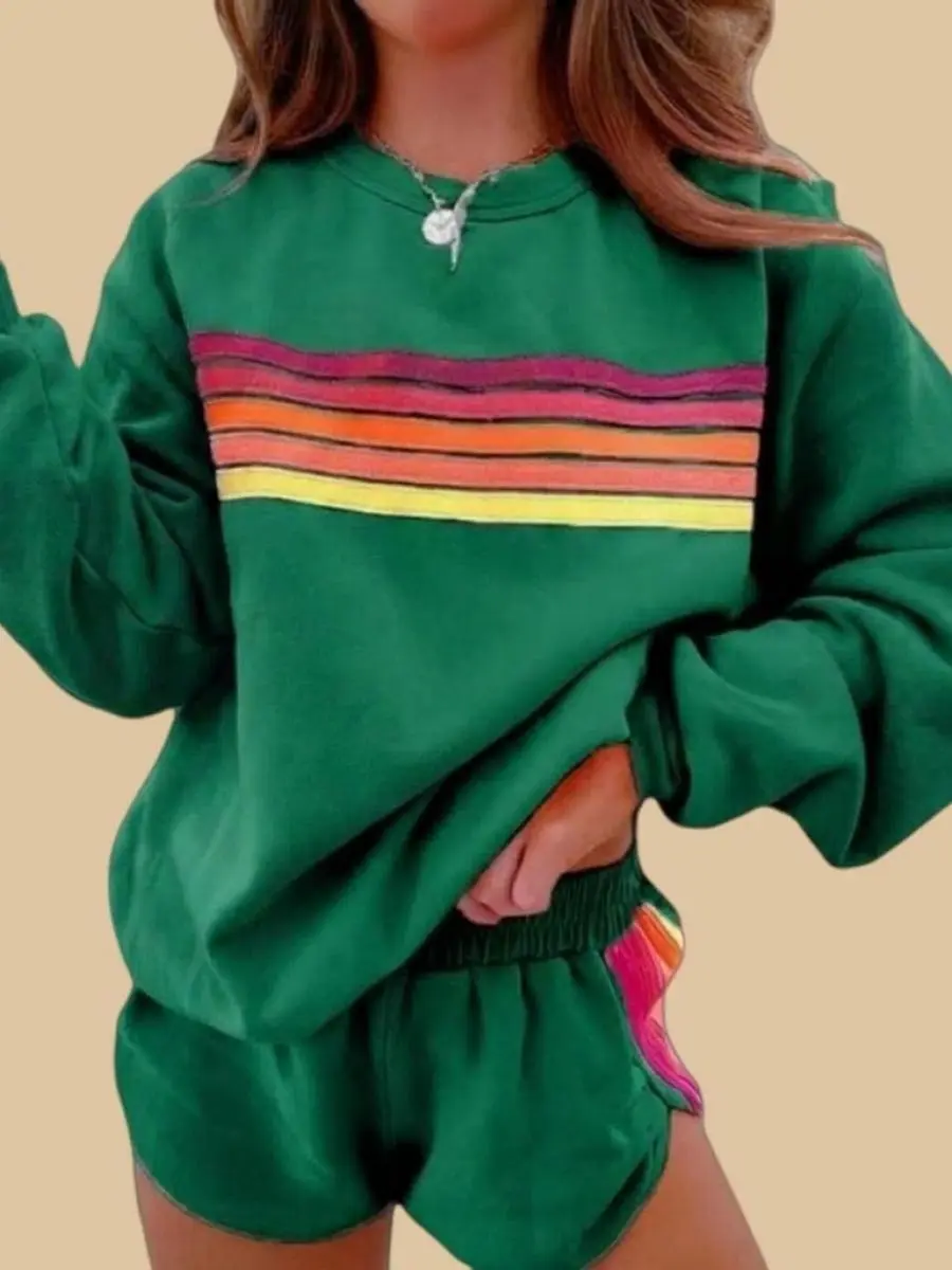 Tongudon Women's 2-Piece Lounge Set, Longsleeves Baggy Retro Colorblock Rainbow Stripe Pullover & Above-The-Knee Shorts, Soft Cotton-Polyester Blend, Crew Neck, Drop Shoulders, Light Gentle Apricot, Fit Athleisure Wear, Sporty Chic Styles to Try, Casual