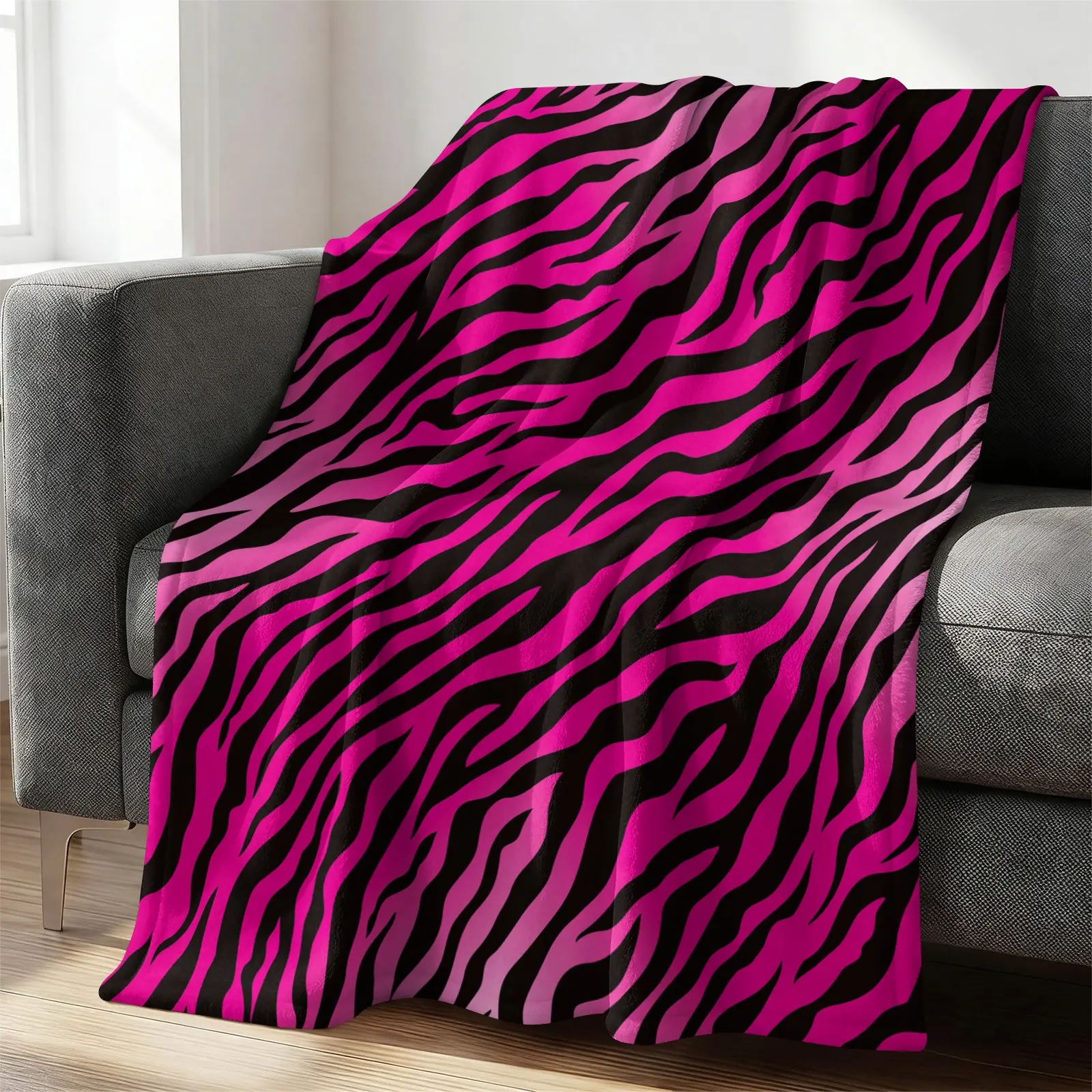 Hot Pink Zebra Print Flannel Blanket, Bold Stripes Throw Blanket, Soft Warm, Cozy Animal Print Blanket, Stylish Gift Blanket for Kids Boys Teens & Girls, Perfect for Couch, Bed & Y2K Room Decor