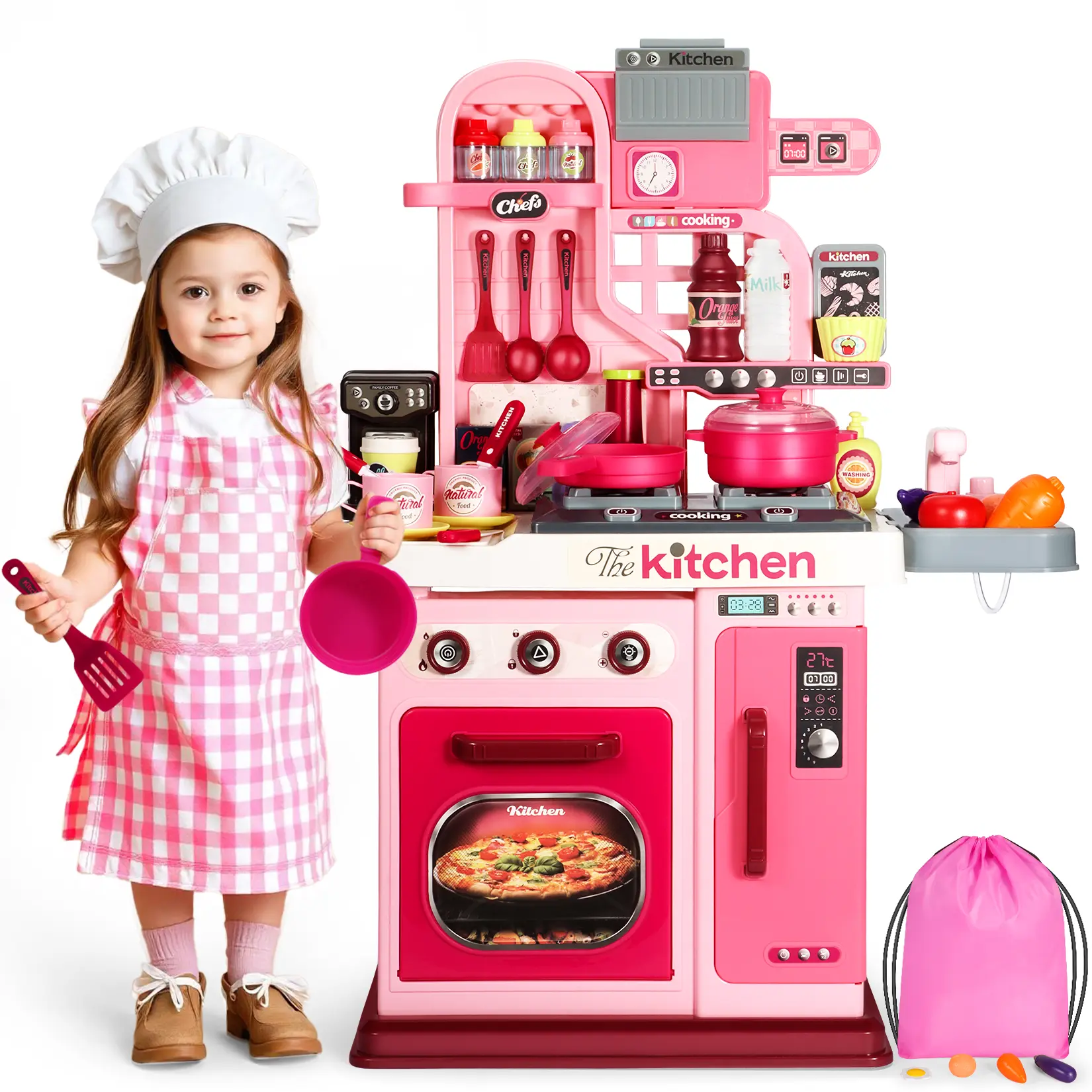 53Pcs Kids Kitchen Toy Set, 27.1 Inch Pink Toy Kitchen with Sound and Light, Kitchen Set for Kids 3+, Stove, Toy Sink and Kitchen Accessories, Best Holiday Birthday Gift for Kids,summervibes toys Pretend Cooking Set,memorial day deals