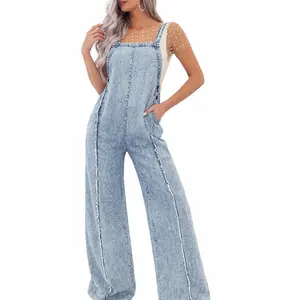 utcoco Women Loose Fit Denim Jumpsuit Adjustable Straps Wide Leg Long Pants Frayed Jean Overalls