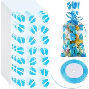 100 Pack Boy Baby Shower Treat Bags - Pink Cellophane, Footprint Design, Ribbons Included - Party Favors, Gift Packaging for Baby Showers