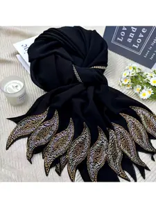 Black Chiffon Hot-Fix Crystal Scarf, Gold Trim Rhinestone Shawl, Elegant and Light Luxury Style Multi-Use Scarf and Headwear Accessory