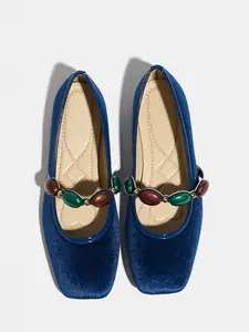 Vintage Square Toe Solid Color Low Heel Ballet Flat Shoes, Elegant Slip Ons for Daily Commute, All-Season Textile & Rubber Sole, Mary Jane Flats