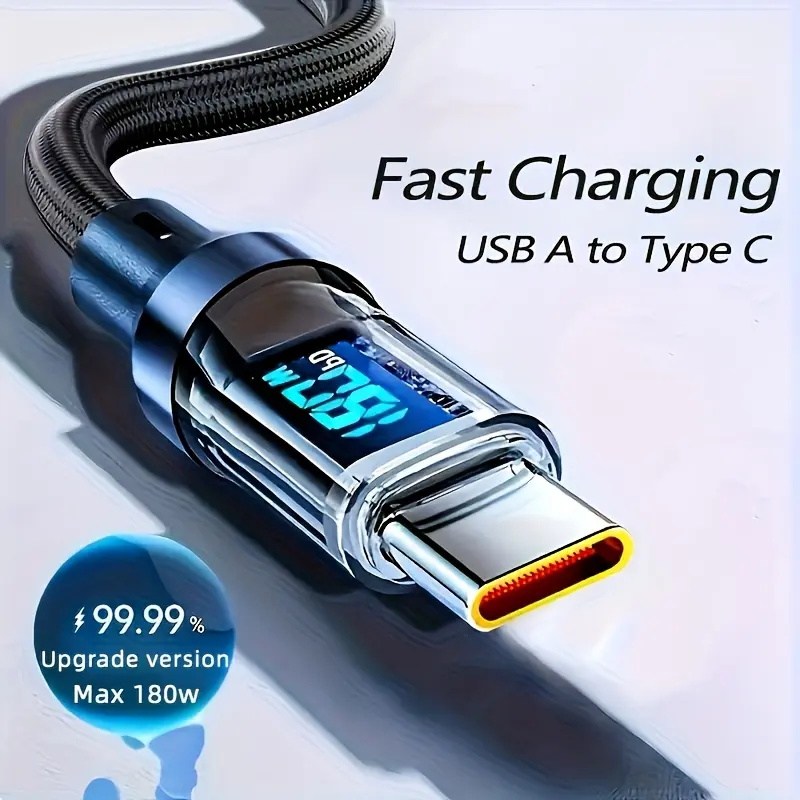 180W Fast Charging USB A To Type-C Cable With LED Digital Display for iPhone 17/16/15/15 Pro/15 Pro Max/15 Plus/iPad Pro/Air 5/MacBook for Samsung for Galaxy S25/S24/S23 Ultra for Huawei for Xiaomi for Honor for OPPO for Vivo