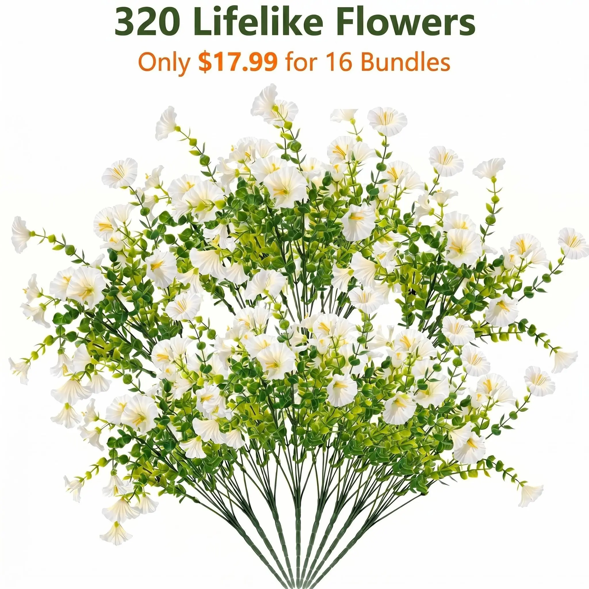 16-Pack White Artificial Morning Glory Flower Decorations, UV-Resistant Outdoor Decorative Faux Flowers & Plants Ornaments for Porch, Patio Decor, Artificial Flower Decorations