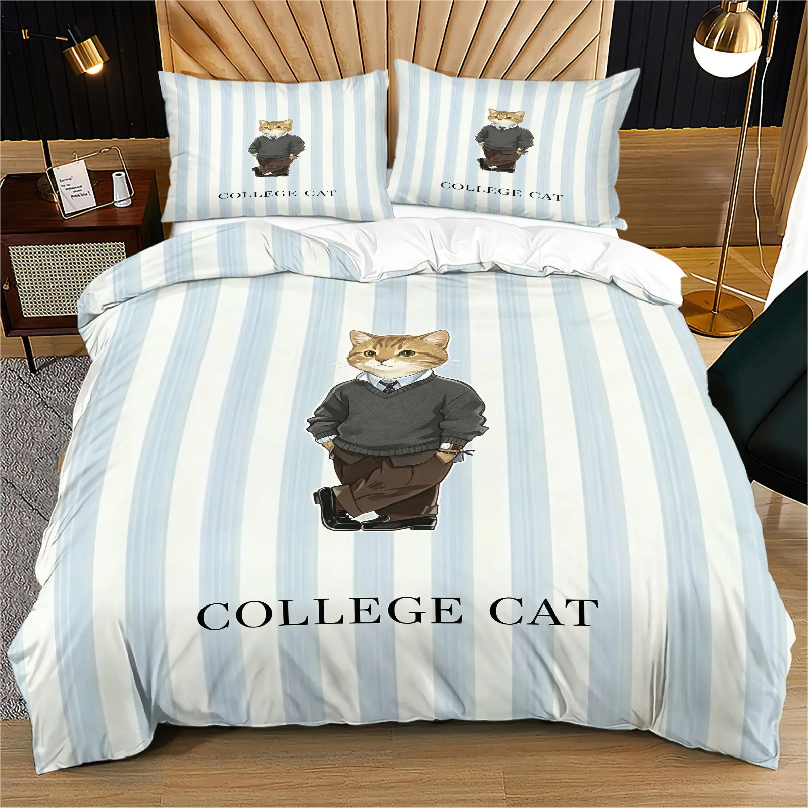 Preppy Style College Cat Duvet Cover Set, 1 Duvet Cover with 1/2 Pillowcases, All-Season Bedding for Bedroom, Dorm & Guest Room, Decor for Teens & Adults