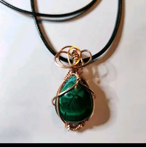 Natural Malachite Crystal Copper wire wrapped pendant & Cord necklace