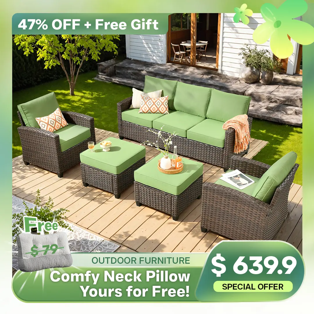 【Summerfinds】Ovios Patio Furniture Set, 5 Pieces Outdoor Wicker Rattan Sofa Couch with Chairs, Ottomans and Comfy Cushions, All Weather High Back Conversation Set Garden Backyard, Brown Rattan - 7 Seater