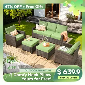 Ovios Patio Furniture Set, 5 Pieces Outdoor Wicker Rattan Sofa Couch with Chairs, Ottomans and Comfy Cushions, All Weather High Back Conversation Set Garden Backyard, Brown Rattan - 7 Seater