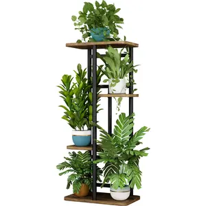 Plant Staggered Bracket Indoor Plant Rack Suitable for Garden Corner Balcony Living Room (4 Tier with 5 Potted Plants, Black, White) Organiser Home Design