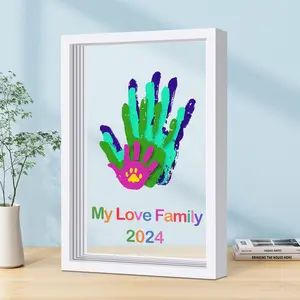 DIY Family Handprint Kit with Wooden Frame, Paints & Brushes - Large Size 12.3x8.8 Inches, Fun Home Decoration Activity for New Parents & kids special for new born kids