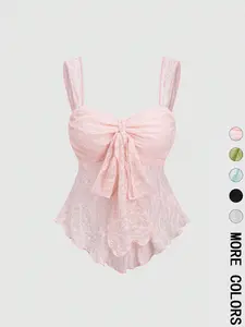 Romantic Lace Camisole Top for Women, Wide Straps and Bow-Front Knot Design, Ruched Bust, Cute Slim-Fitting Summer Fashion