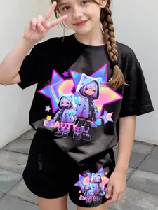 Cute Multicolor Anime Girl Print Matching Set, Casual Minimalist Short Sleeve Top and Shorts, Summer Wear, Fitted All over Print