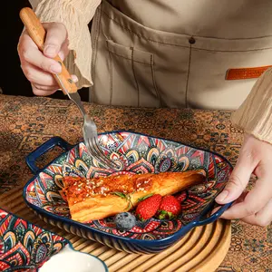 Bohemian Ceramic Baking Dish with Dual Handles, Vibrant Floral Design, Oven & Microwave Safe, Ideal for Pasta & Daily Use, Bakeware