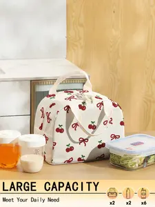 Cherry & Bow Pattern Durable Tote Lunch Bag, Reusable Lunch Handbag, Portable Insulated Bag for Travel Picnics, Office Work, School, and Commuting, Travel Essentials