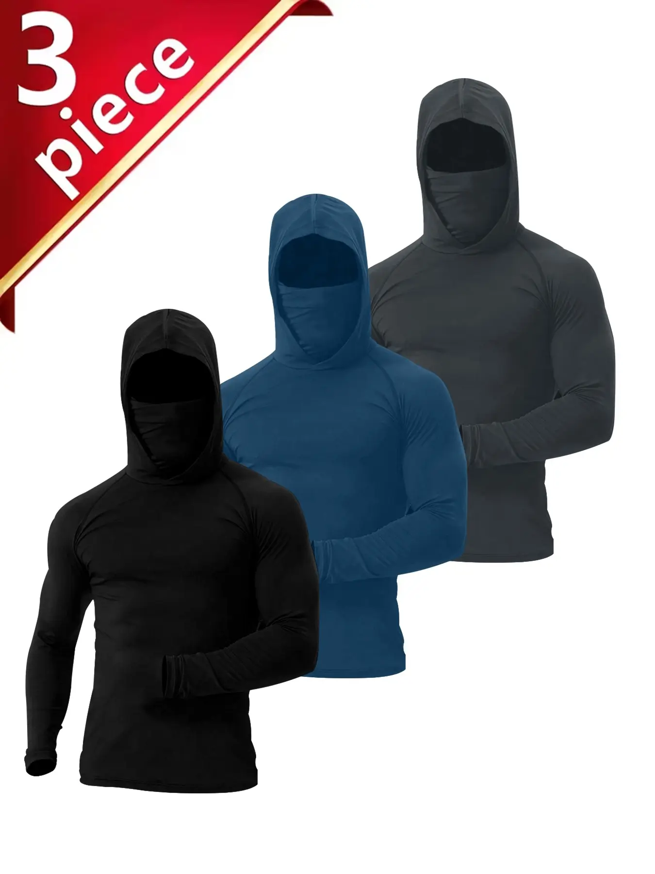 Men's 3-Pack Fitness Hoodie Set with Face Cover, Quick Dry Long Sleeve Workout Hooded Shirt, Athletic Sun Protection Top, athletic workout clothing, Activewear Clothes, Sweatshirt and Hoodie for Gym, Running, Training, Outdoor Sports