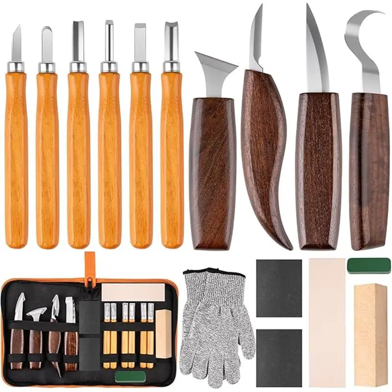Wood Carving Tools Kit 26 in 1 for Beginners Complete Set with 4 Knives 6 Chisels Leather Strop Polishing Wax Sandpapers Basswood Blocks Cut Resistant Gloves